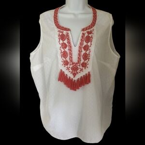 Liz Claiborne White Swiss Dot Sleeveless Top With Coral Beading Tassels. Size 1X